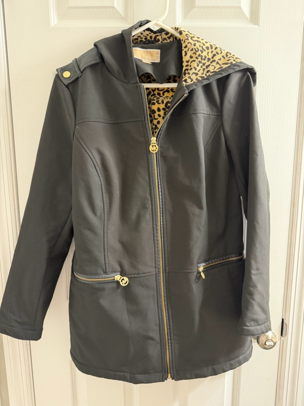 Michael Kors Black Hooded Jacket with Leopard Lining Medium M